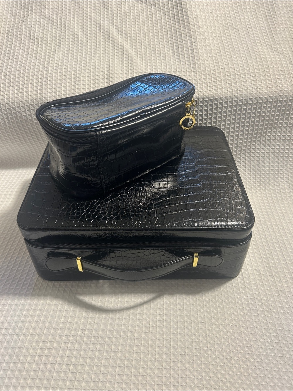 Black ESTEE LAUDER  Faux Croc-Embossed Train Case and Matching Cosmetic Bag.